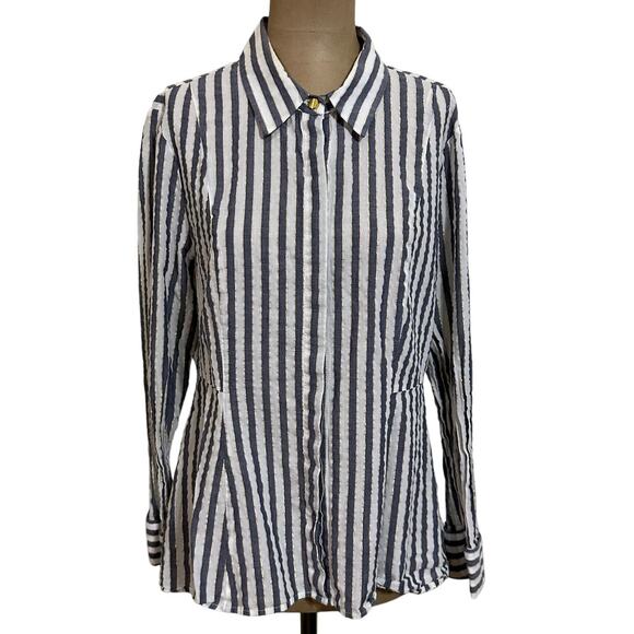 Michael Kors size Large Blouse Metallic Gold Blue Striped Button Cotton - Picture 1 of 6